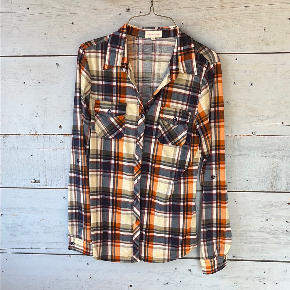 Plaid Button Down Shirt - Orange, Navy Blue, Cream